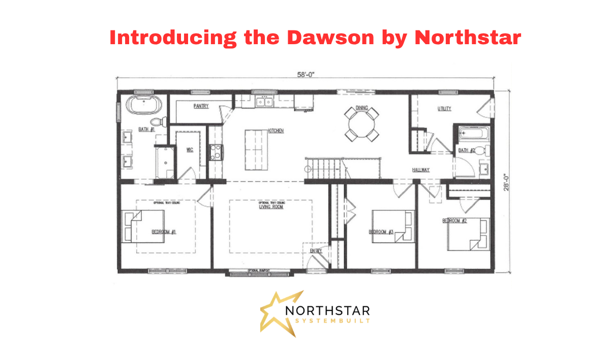 Floor plan of the Dawson by Northstar: a three-bedroom, two-bath home with kitchen, dining, living room, pantry, and utility space